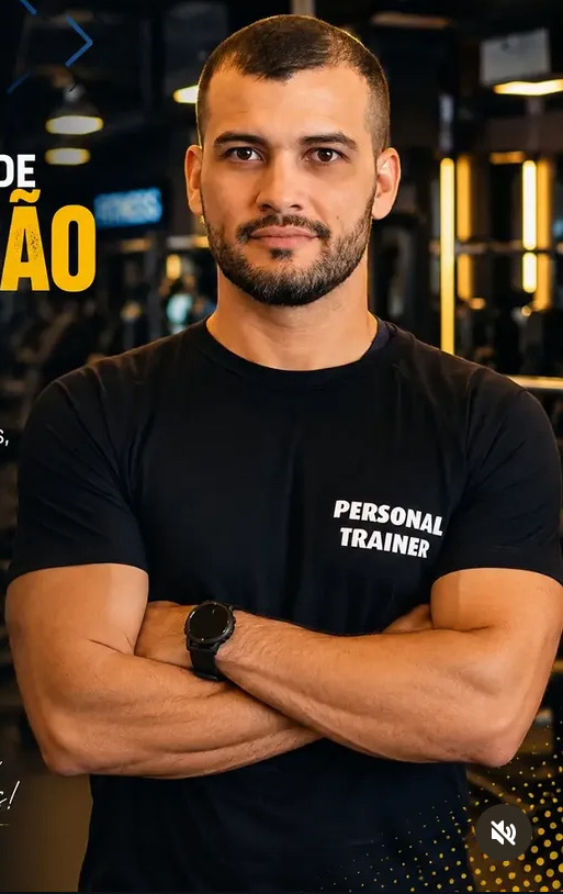 Retrato de Paulo Santos na academia, usando camiseta de personal trainer